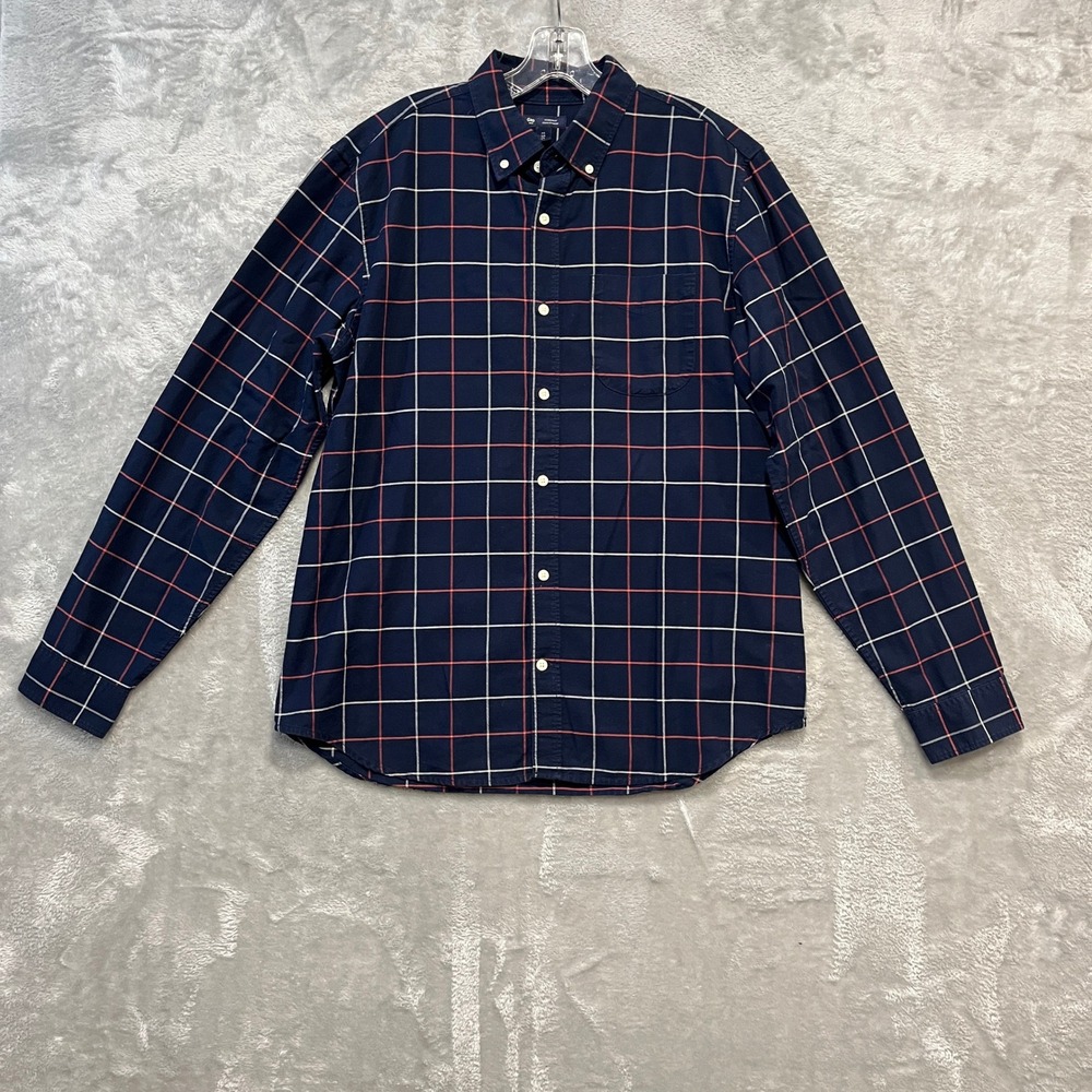 Gap Button Down Shirt Men Large Navy Blue Plaid Windowpane Long Sleeve Cotton